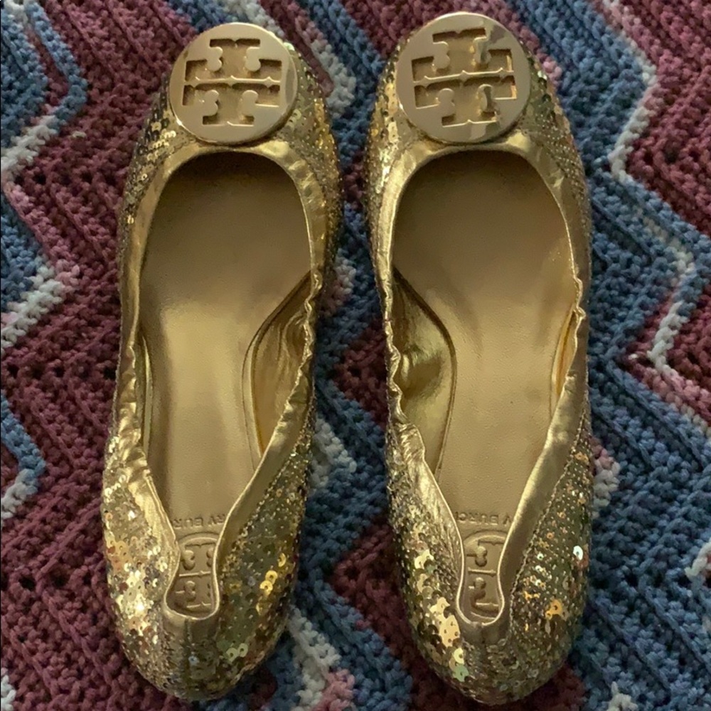 Tory Burch reva sequin ballerina flats gold